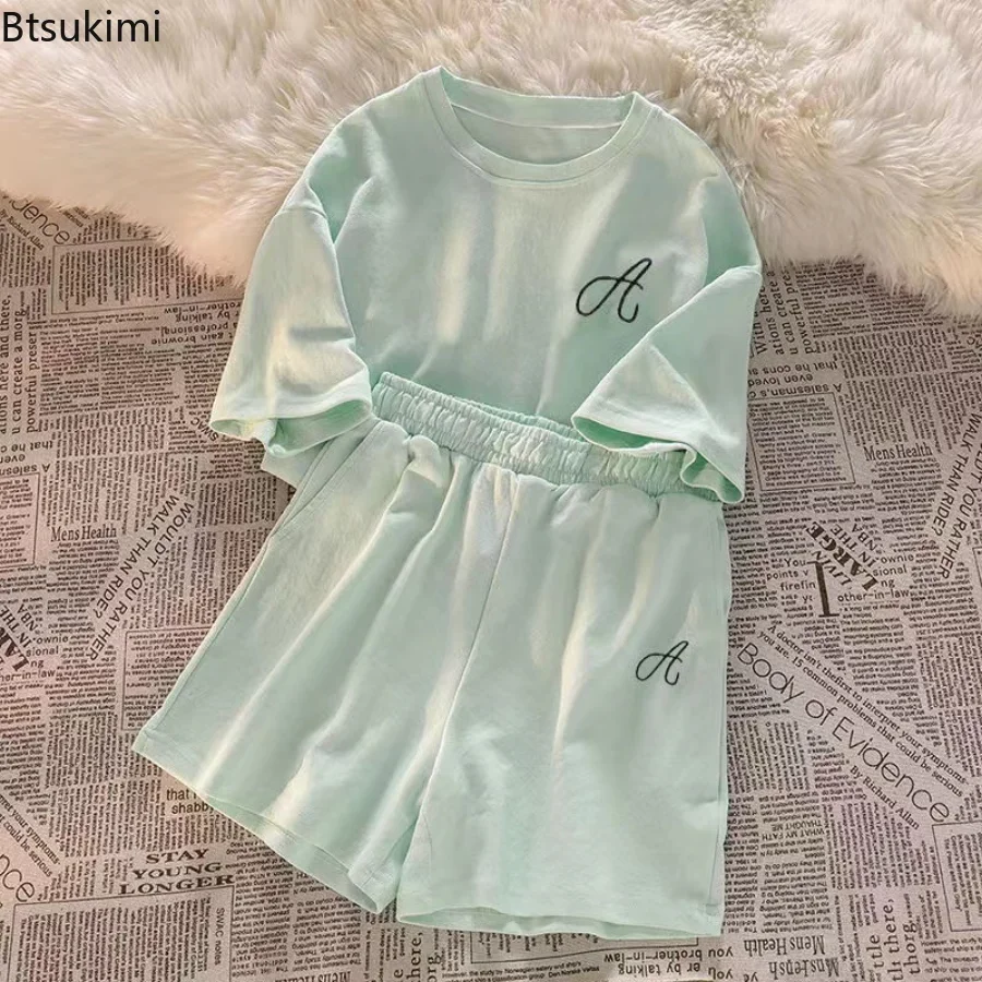 Pijamas de algodón 2024 para mujer, camisetas con pantalones cortos, ropa de dormir informal, 2 piezas, 100%