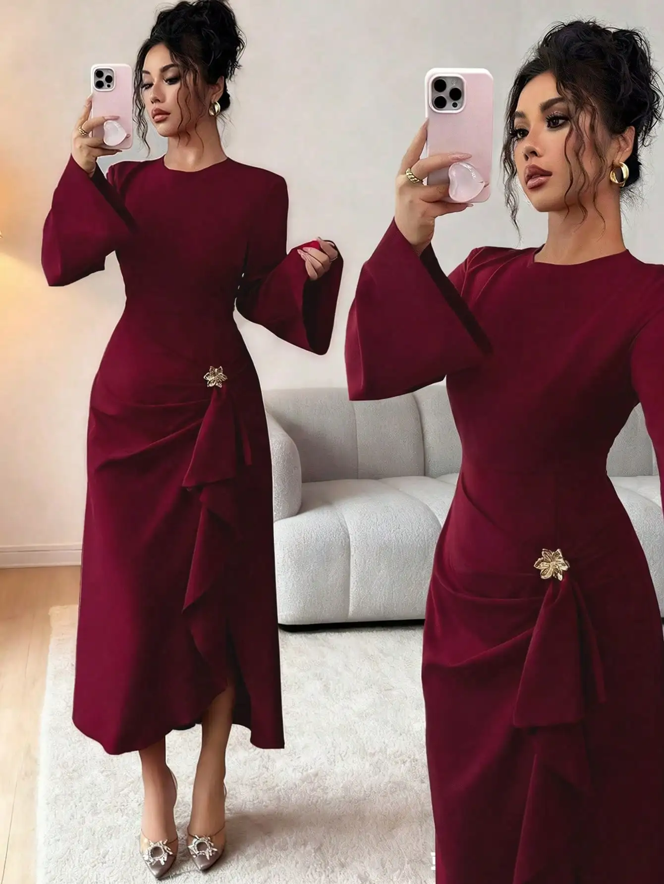 

Rafferiza Women's Elegant Round Neck Flare Sleeve Ruched Ruffled Asymmetric Hem Red Dress, Suitable For Spring/Autumn, Elegant