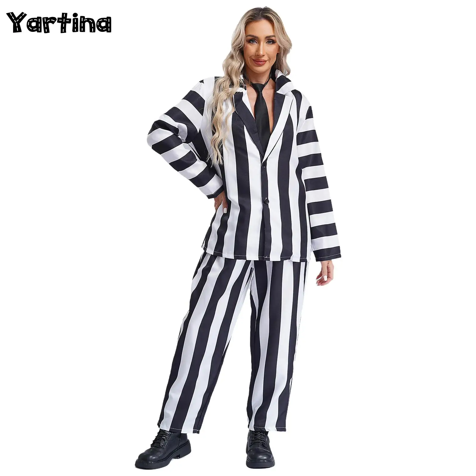 Adult Womens Halloween Spooky Movie Cosplay Striped Cosplay Costumes Long Sleeve Blazer Necktie And Long Pants Horror Suit