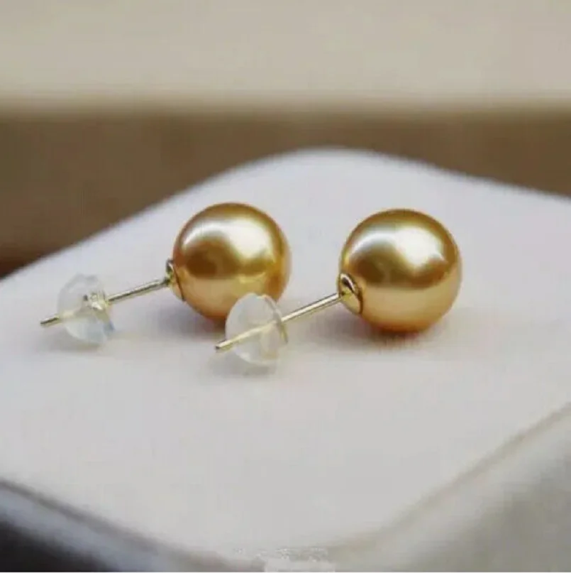 

Perfect AAA+9-10mm natural South China Sea gold round pearl earrings 18k/AU750 gold