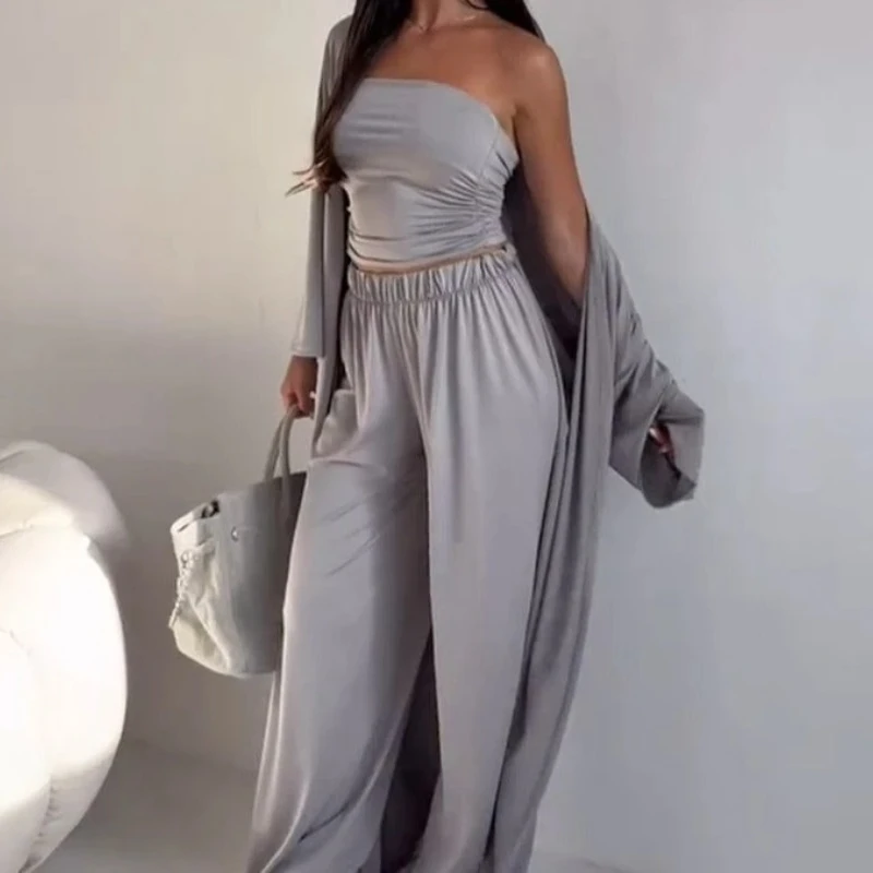 2025 New Solid Color Long Sleeved Strapless Top and Long Skirt Women's Suit