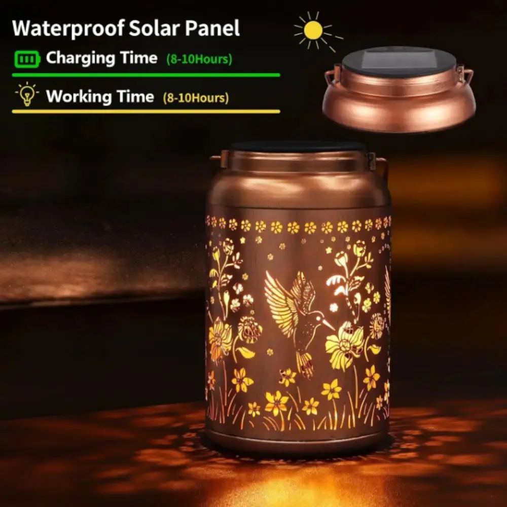 Waterproof Solar Lantern Metal Material Vintage Style LED Garden Light Sunflower Shape Hummingbird Design Decorative Light