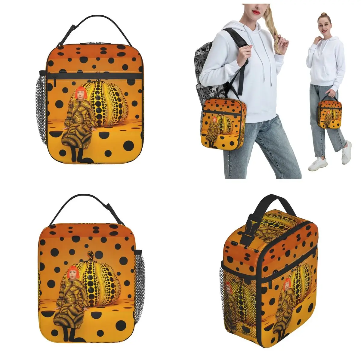 Pumpkins Is bolsa de almuerzo aislada amarilla, bolsa térmica, contenedor de comida Yayoi Kusama Art, lonchera de mano de alta capacidad, playa al aire libre