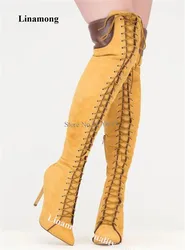 Linamong Western Style Thin Heel Over Knee Folded Boots Sexy Pointed Toe Lace-up Stiletto Heel Long Boots Big Size Boots