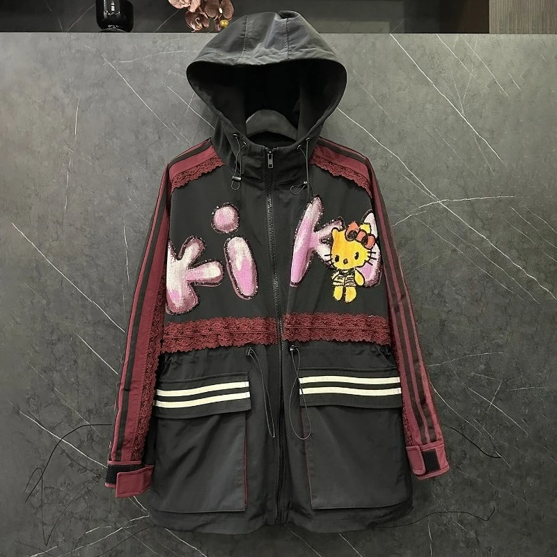 2025 Autumn Winter New Heavy Industry Cartoon Y2k Hooded Jacket For Ladies Loose Casual Age-Reducing Long-sleeves Top Jaquetas