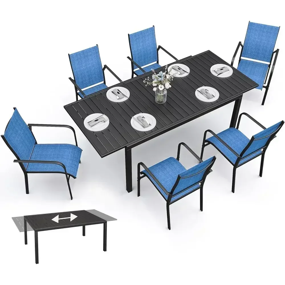 Expandable Patio Dining Set: 38-84 Rectangular Table, 6 Textilene Chairs, Blue Outdoor Furniture for Deck or Garden