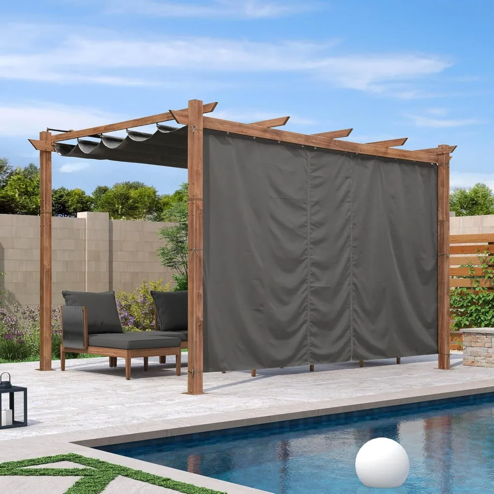 

10' x 13' Pergola with Curtains Outdoor Retractable Pergola Patio Metal Shelter for Garden Porch Pavilion Natural Wood Grain Fr