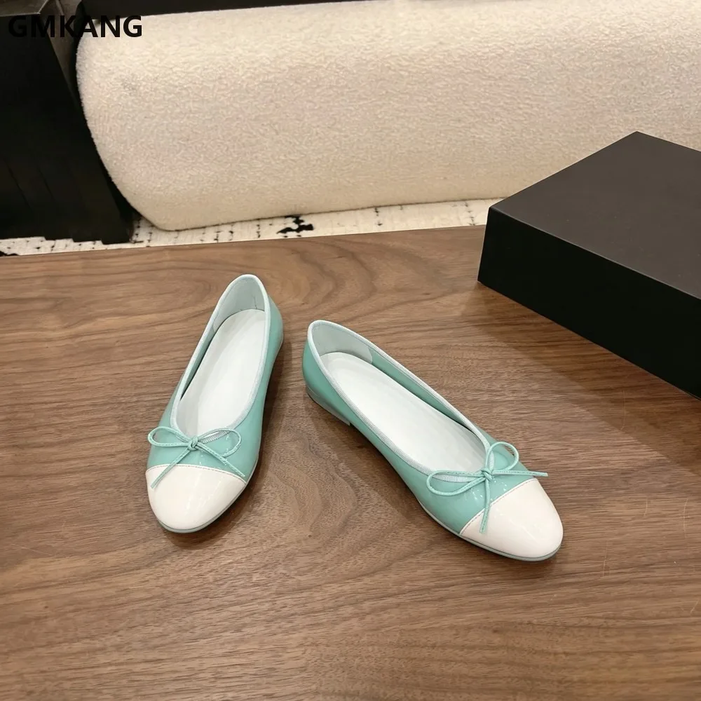 Women Two Tone Bow Ballet Flats Round Toe Slip On Soft Leather Comfortable Daily Office Walking Casual Pumps GMKANG