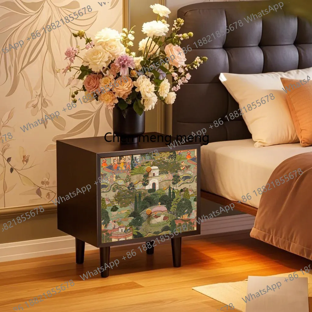 French retro solid wood bedside table household bedroom small light luxury high-end architectural painting  bedside table