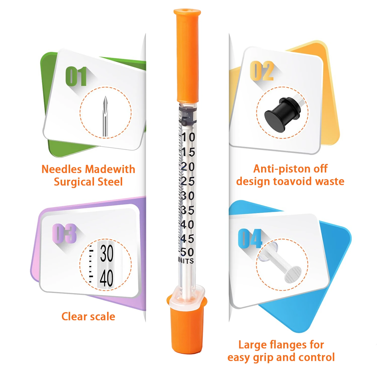 50/100 Stück 0,5 ml 30G 8 mm Einweg-sterile orangefarbene Insulinspritze mit 5/16" Nadel, einzeln verpackt für die Tierfütterung, Kunststoff – Detail 3