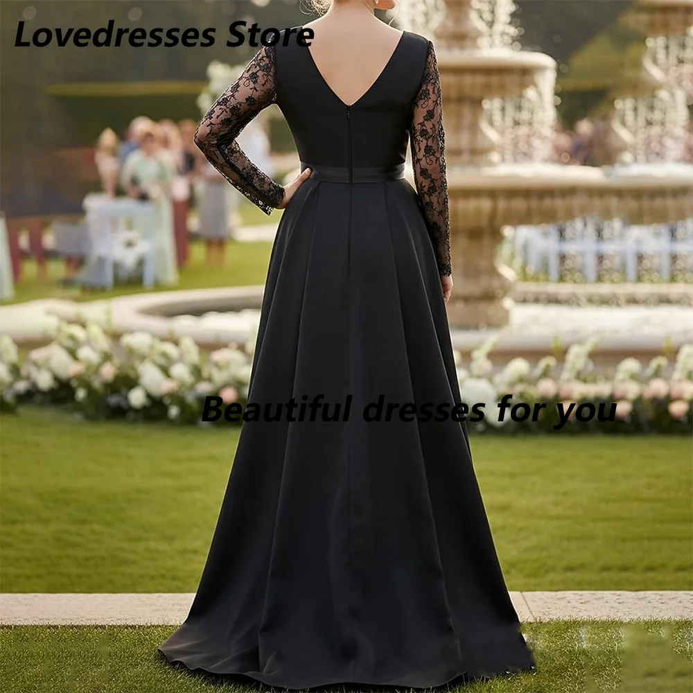 Customized Black Mother of The Bride Dresses Satin Long Formal Party Dress V Neck Long Sleeves A Line Wedding Guest Gowns