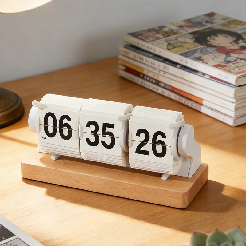 Retro three-page page turning clock desktop creative with second timer simple wooden desk clock office home decoration ornament