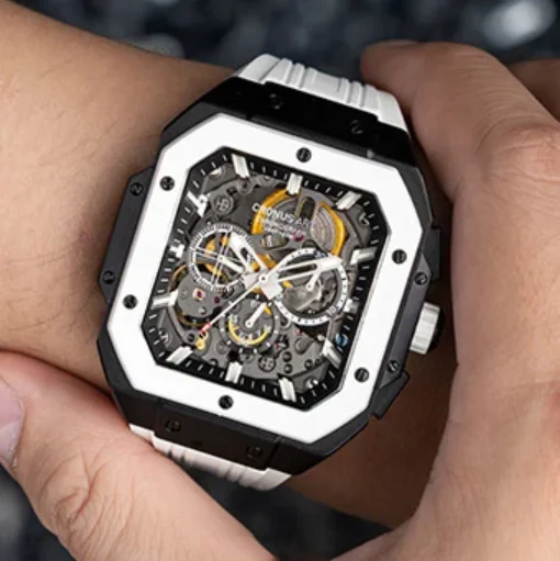 CRONUSART Men Chronograph Watch 45mm Square Automatic Mechanical Wristwatch Carbon Steel Case Luminous Sapphire Skeleton Dial