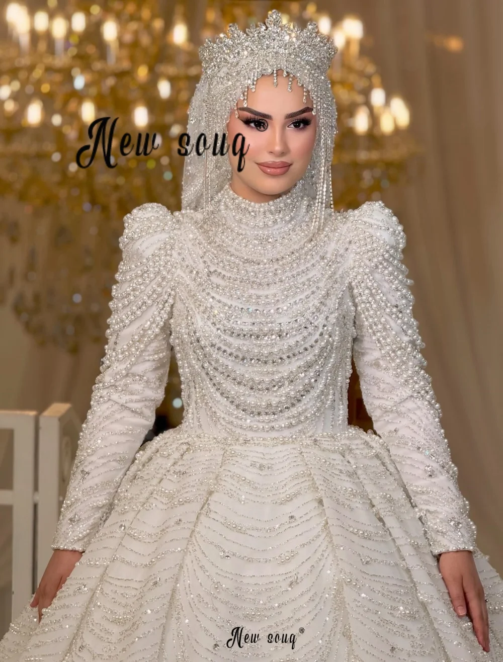 White Pearls Turtleneck Wedding Gown Long Sleeves Dubai Beading Bridal Dresses Plus Size Customized For Muslim Middle East Women