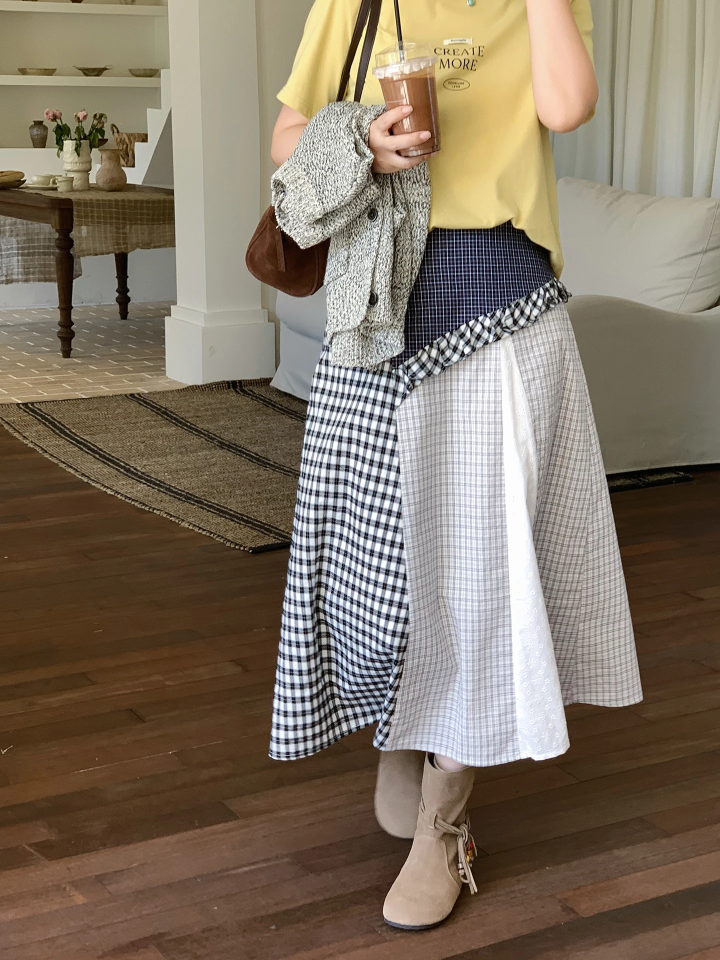 

ELINSU Vintage Plaid Splicing A-Line Skirt Women's High Waist Slim Fit Long Skirt Casual Sle Cotton Fabric Everyday Wear