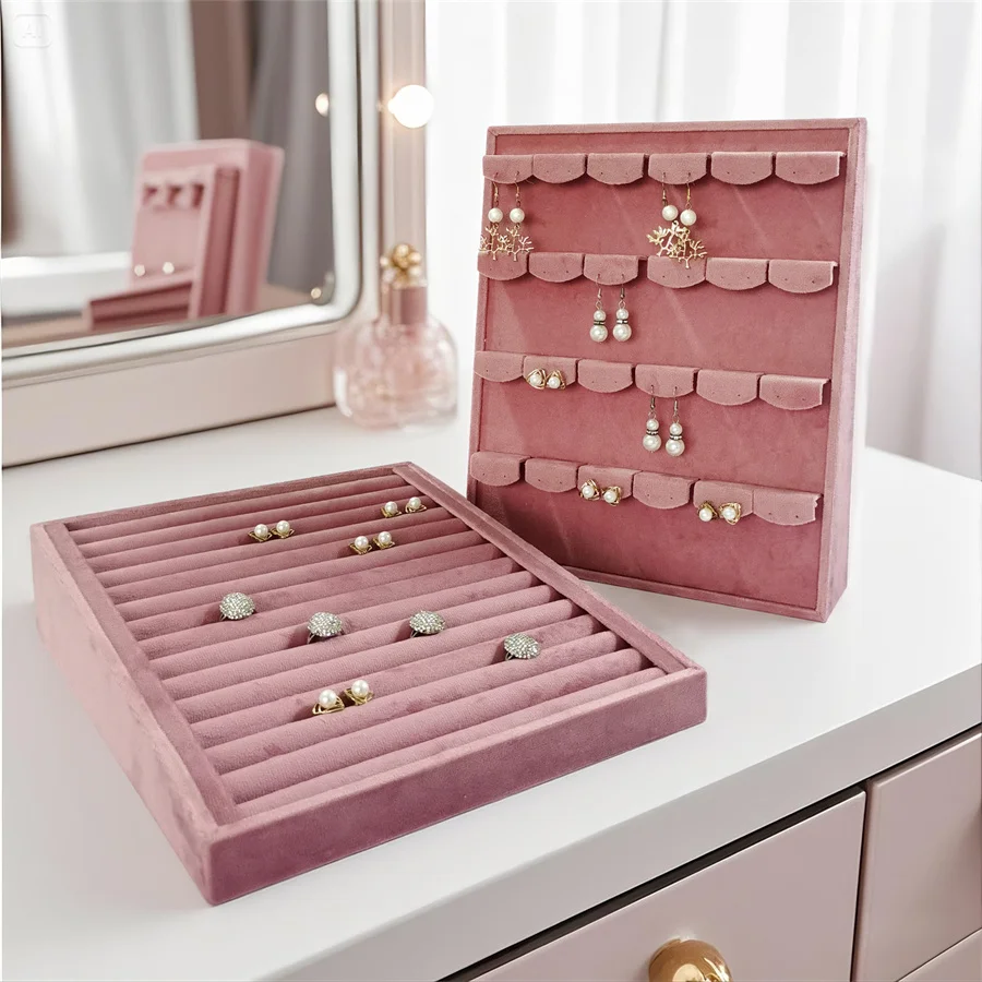 Pink Velvet Jewelry Exhibition Display Props Storage of Jewelry Bevel Ring Earring Display Tray Jewelry Ear Stud Storage Organiz