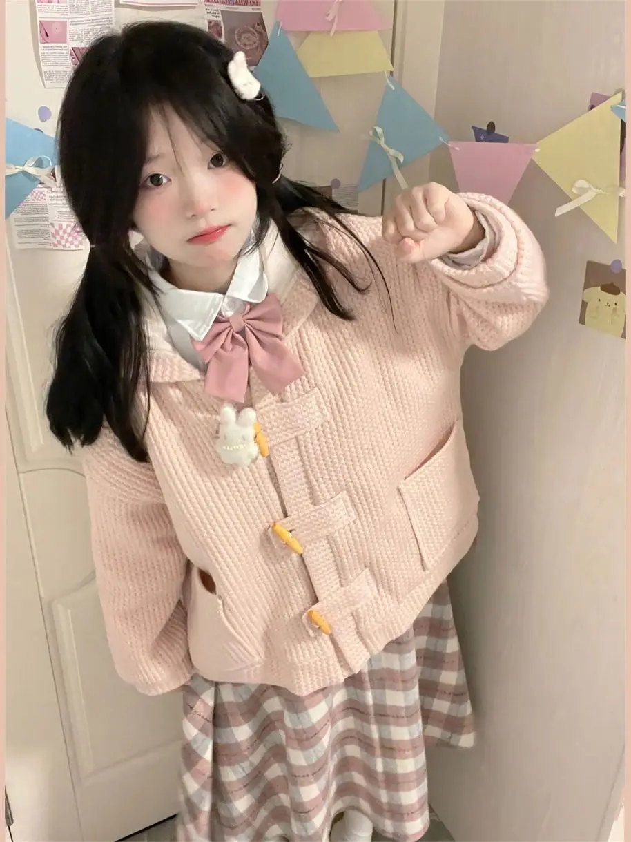 スイートガール 韓国風 秋冬 ボタンアップ カーディガン コート スカート セット ロングスリーブ キュート スタイル オールシーズン対応 ユニバーサルフィット