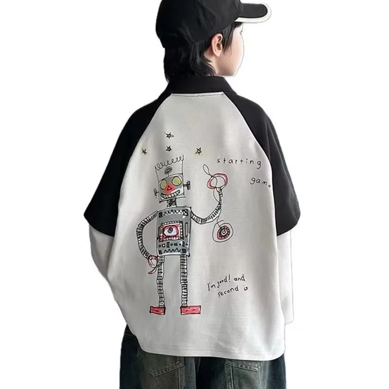 New Spring Kids Polo Sweatshirt School Boy Cartoon Robot Boy Clothes Kids Trendy Polo Collar Sweatshirt Robot T-shirt Costume