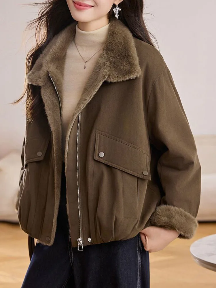 Winter Warm Lapel Neck Outerwears Women Casual Lapel Neck Zipper Thicken Jackets Tops Korean Fashion Long Sleeve Chaquetas New