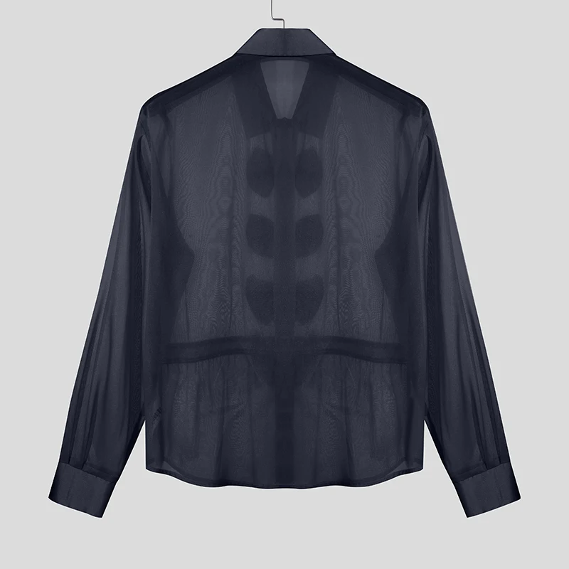 INCERUN Kemeja Pria Warna Solid Kerah Lengan Panjang Transparan Seksi dengan Ikat Pita Pakaian Pria Longgar Streetwear 2025 Fashion Kemeja Pria