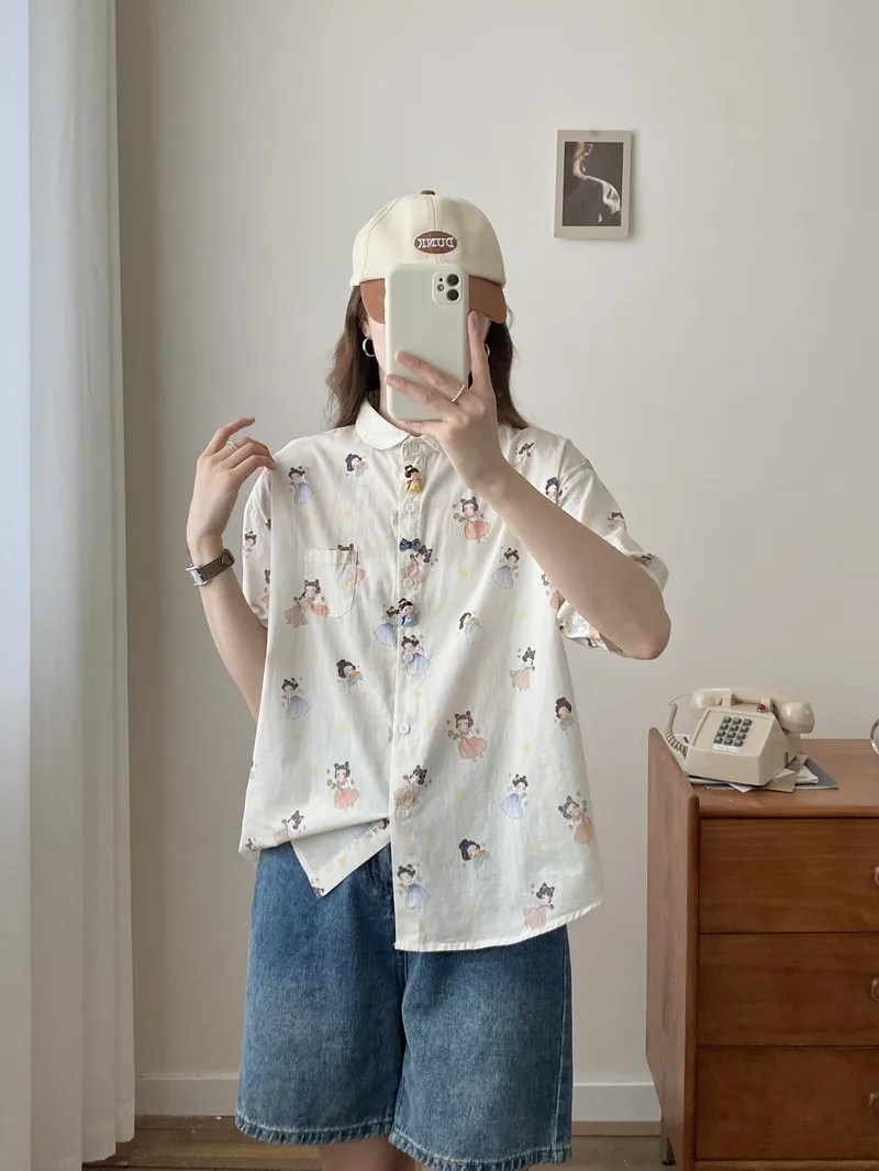 New Spring Cotton Loose Shirt Women Short Sleeve Pockets Cartton Printed Tops Mori Girl Sweet Casual Blouse 2024 Summer T45374QM