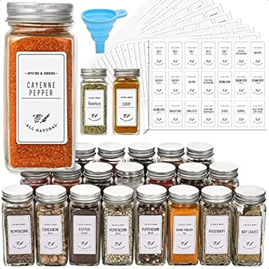 

AOZITA 24 Pcs Glass Spice Jars with White Printed Spice Labels 4oz Empty Square Spice Bottles Shaker Lids and Airtight Metal Ca