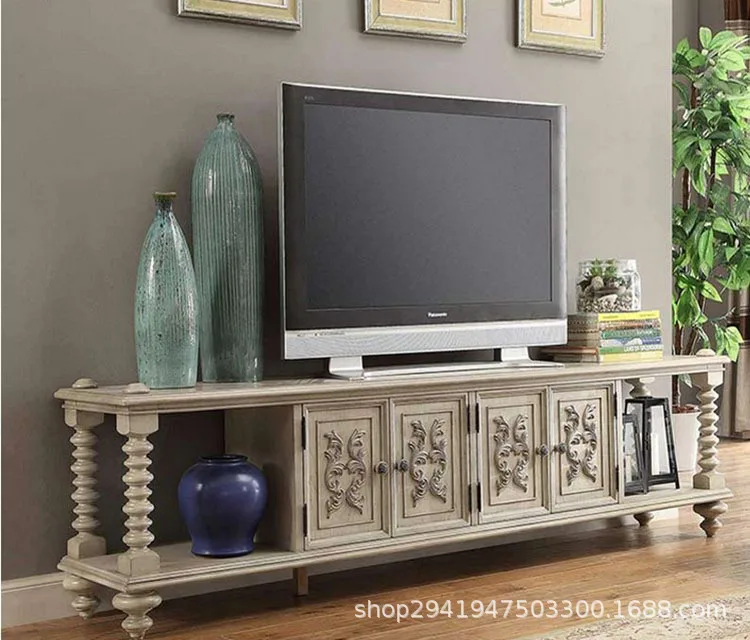 

TV cabinet Custom furniture Villa oak retro carved audio-visual cabinet Floor cabinet Four-door TV