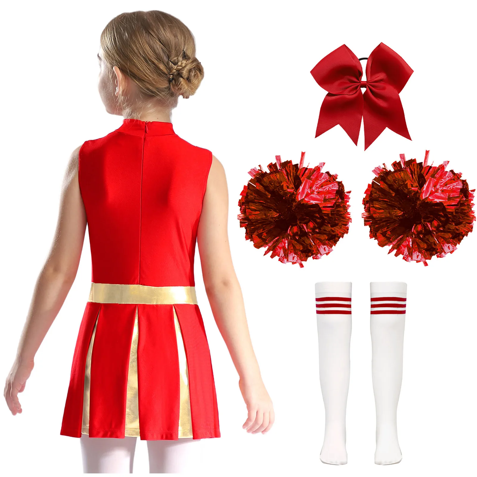 Children Girl Cheerleading Dance Costume Sleeveless Leotard Dress for Halloween Cheer Cosplay Party School Show Sports Meeting