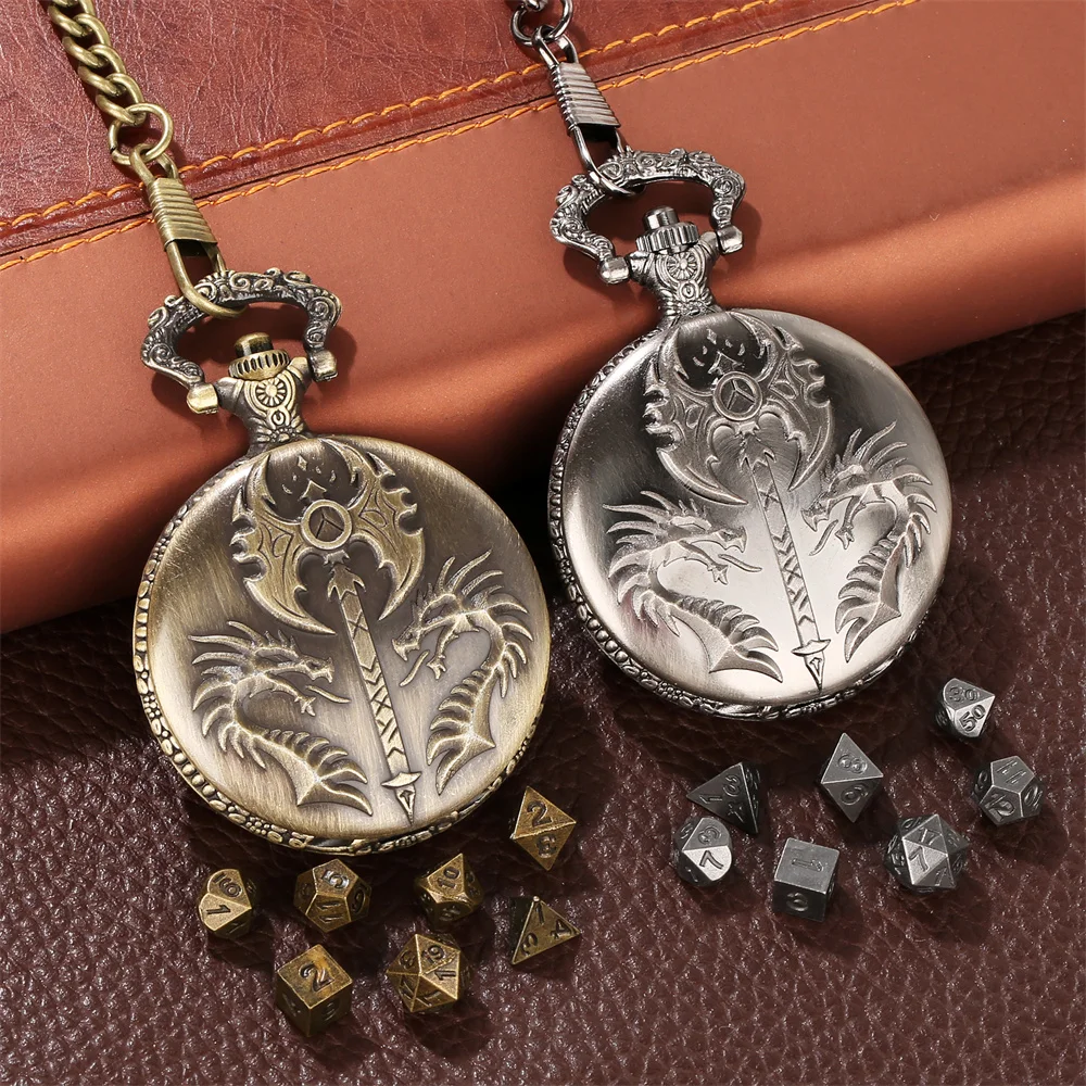 Double Dragon Axe Pocket Watch Case with Alloy Metal Fob Chain 7pcs/Set Polygon Mini Dice Set Retro Gift for Dice Lovers