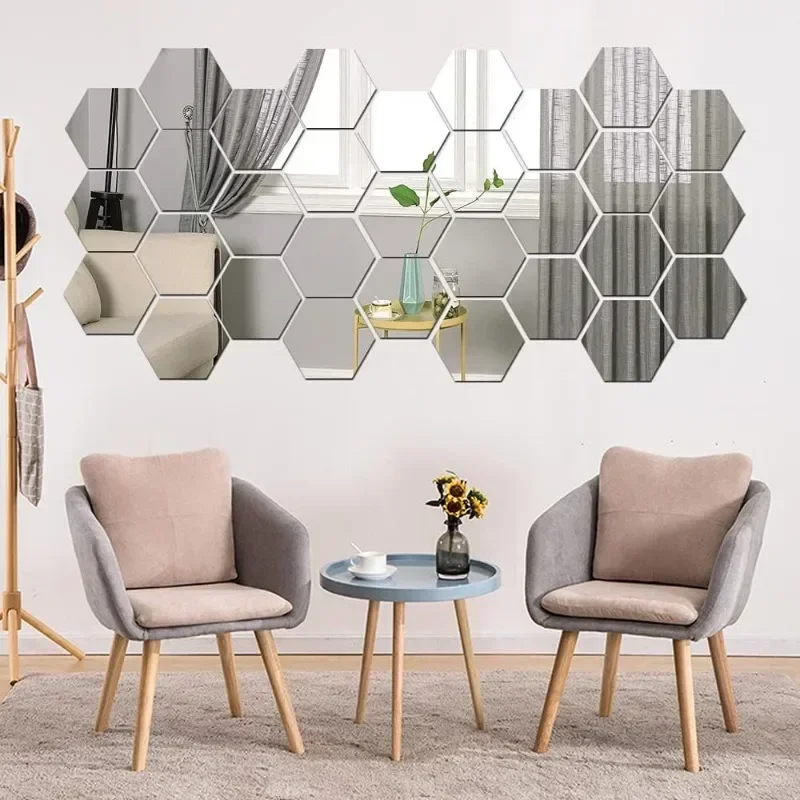 Hexagon Acrylic Mirror Wall Sticker Acrylic Adhesive Gold Silver Mosaic Tiles Removable DIY Bedroom Bathroom Home Decor Sticker