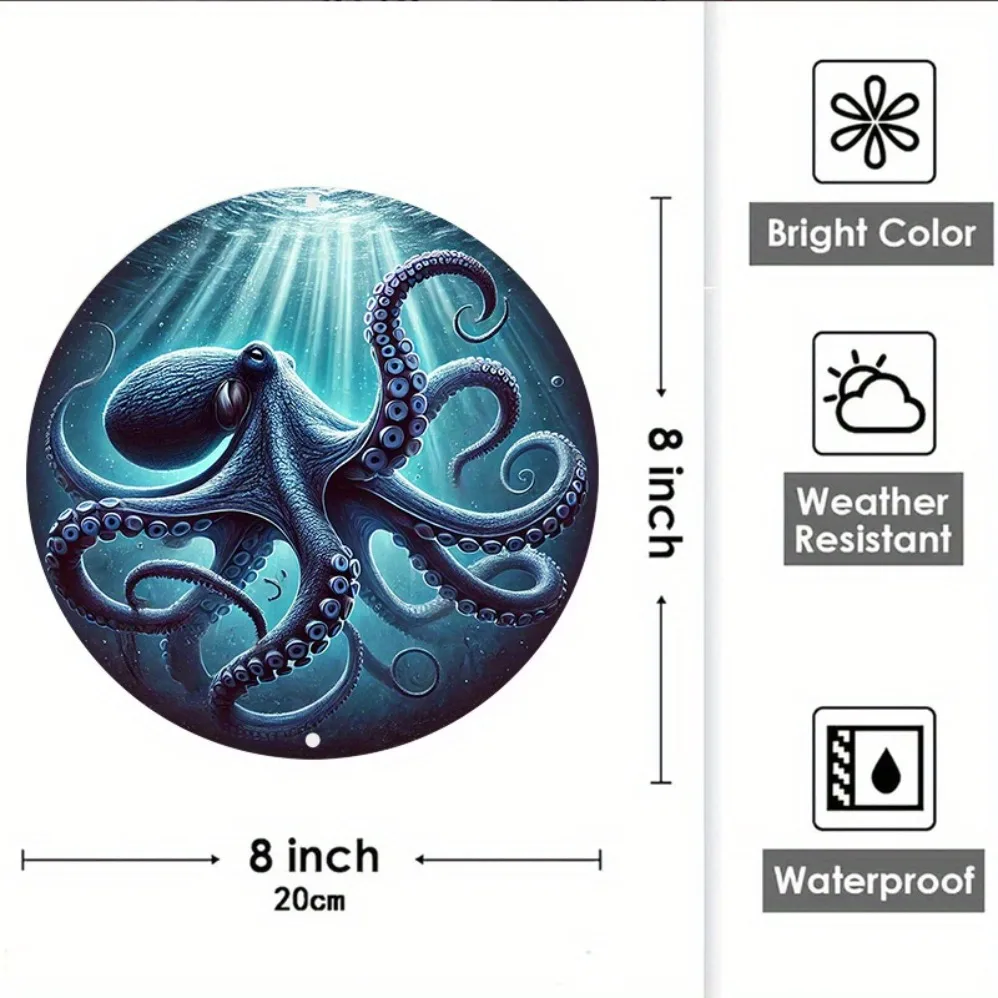 "علامة مستديرة من القصدير على شكل أخطبوط أزرق عميق عتيق: فن معدني إبداعي مسطح ثنائي الأبعاد - ديكور حائط ممتع مقاس 7.8 × 7.8 بوصة للمنازل