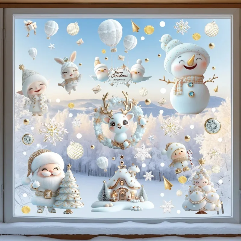 White Christmas Window Stickers Santa Snow House Snowman Reindeer Static Cling Decal Glue‑Free Glass Ornament for Holiday Decor