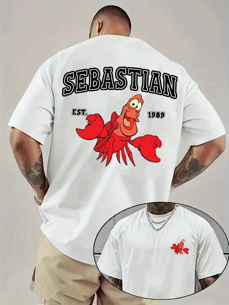 

Мужская футболка с принтом Disney Sebastian 1989, повседневная и удобная свободная футболка из чистого хлопка с круглым вырезом, модная уличная одежда