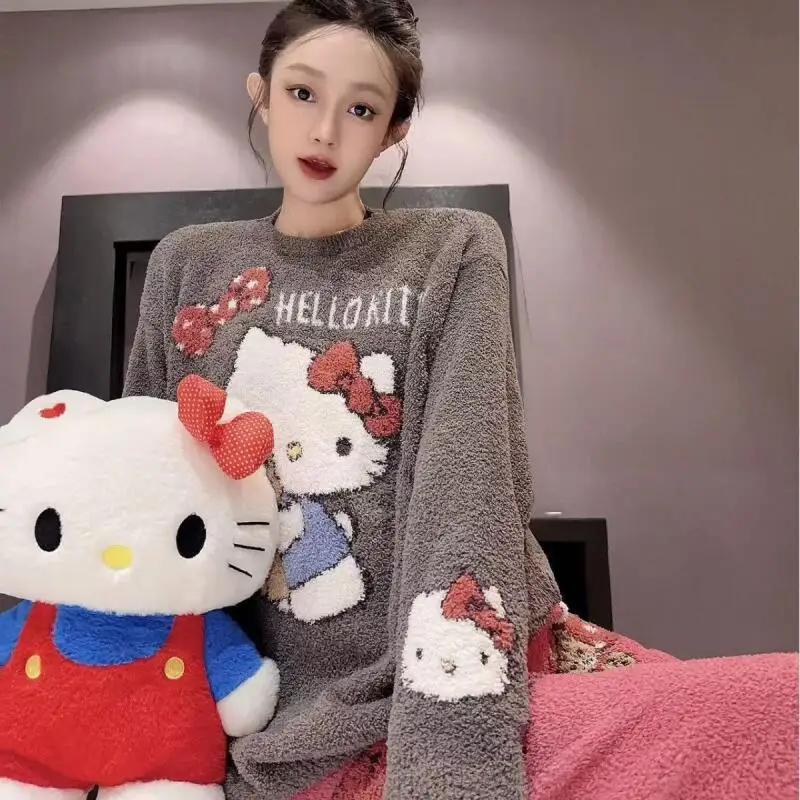 Kawaii كيتي القط 2 قطعة منامة فتاة طويلة الأكمام المتسكعون الحلو طالب فتاة شابة ملابس المنزل الدافئة ملابس خاصة مجموعة