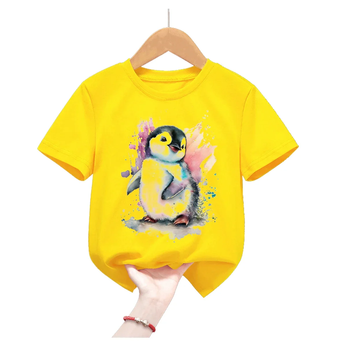 

Lovely Penguins Love Flowers And Balloons Print Tshirt Girls/Boys Kawaii Kids Clothes Pink/Yellow Funny T Shirt Harajuku Shirt