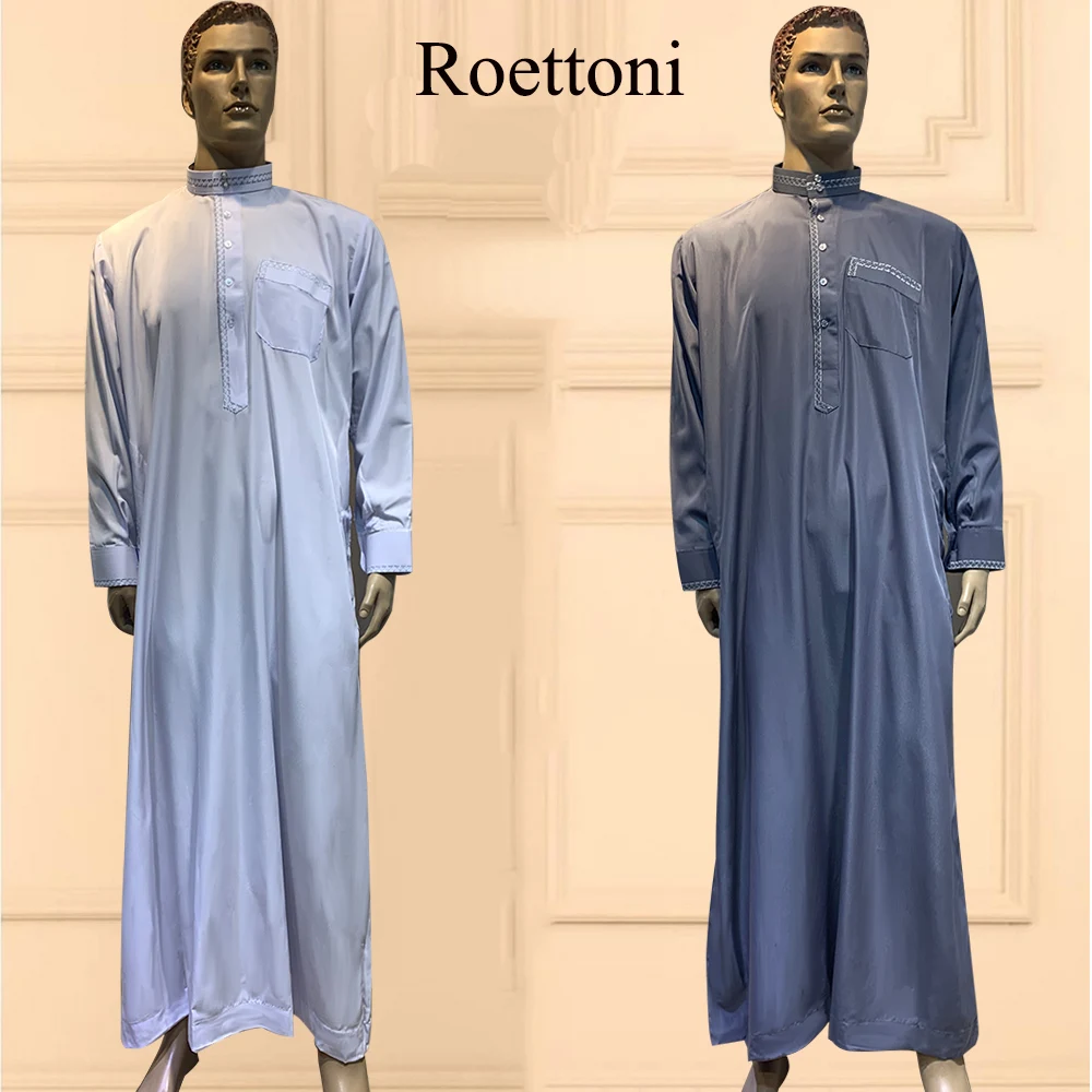 1 Piece Low Neck Ethnic Shirt Muslim Men\'s Jubba Thobe Kaftan Prayer Dress Qatar Pakistan Djellaba Islam Cloth Arabic Long Robe