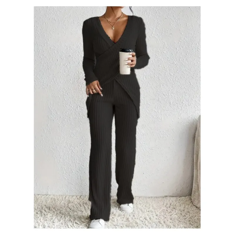 Temperament 2 Pieces Set For Woman Commuting Two Piece Outfits Homewear Pulls Femmes Home Clothing Long Sleeves Solid Color Slim