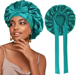 Large Silk Bonnet, Satin Bonnets for Women, Silky Sleep Cap with Tie Band, Braid Bonnet for Sleeping Curly Hair, Silk Hair Wrap,