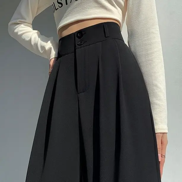 الشتاء المرأة عالية الخصر بنطال ذو قصة أرجل واسعة صوف مبطن بنطلون مستقيم فلوي مصممة مكتب عادية زر مزدوج #2