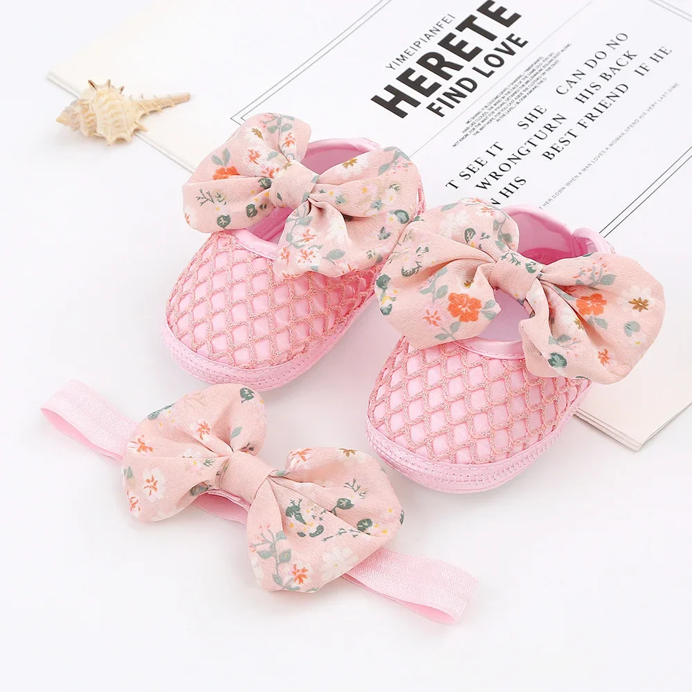 

0-1 Year Old Baby First Walker Shoes Headband Set Flower Print Cute Bow Princess Shoes 3-5-7-9 Months Soft Sole Infant Shoes