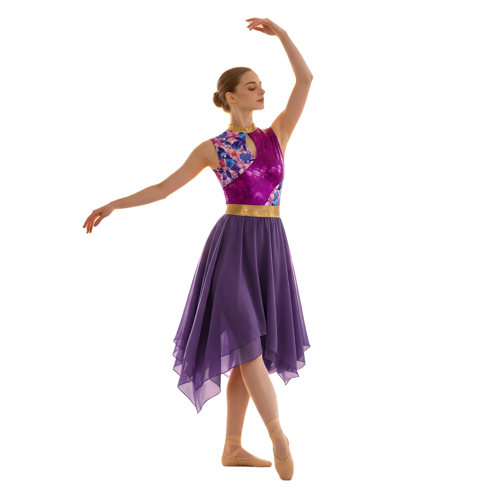 Damen-Lyrik-Tanzkleid, Kostüm für Gottesdienste und Lobgesänge, mit Metallic-Print, aufgesetztem Oberteil, Schlüssellochausschnitt vorne, ärmellos, unregelmäßiger Saum, Tunika-Kleid. – Detail 16