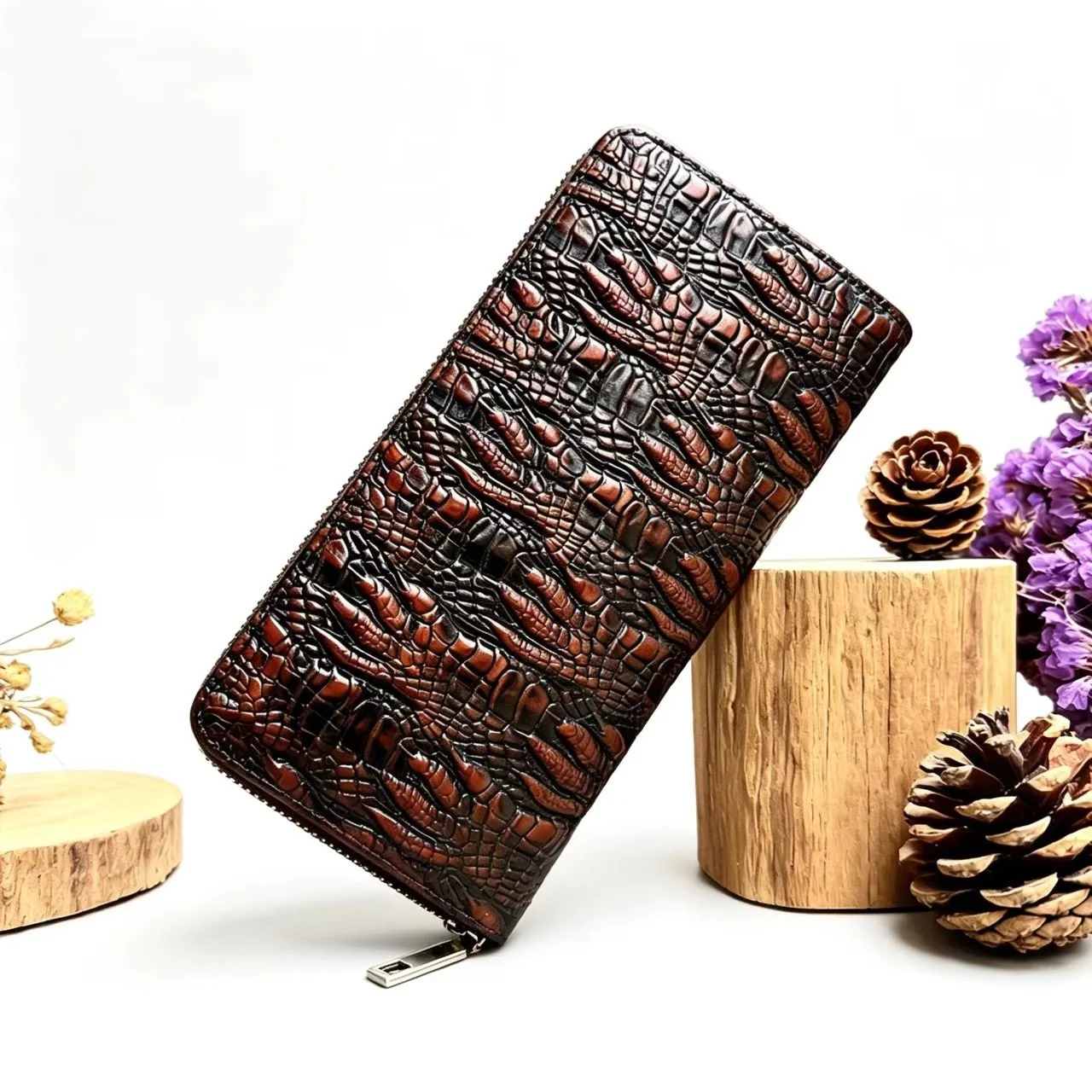 

Alligator Pattern Cow Leather Purse Man Long Genuine leather Wallet Brown Multifunctional Zipper Clutch Unique Gift for Men