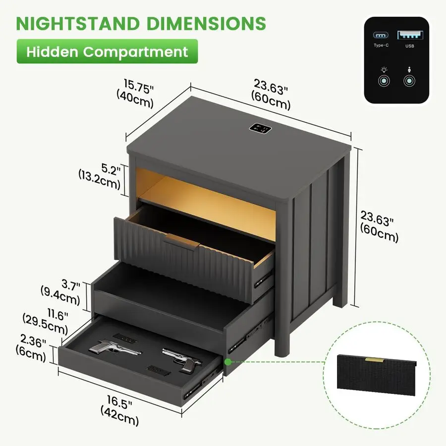 Conjunto de mesa de cabeceira de 23,6 polegadas 2 com gaveta de arma para quarto, mesinhas de cabeceira cinza com compartimento oculto, iluminação LED automática, carregamento St