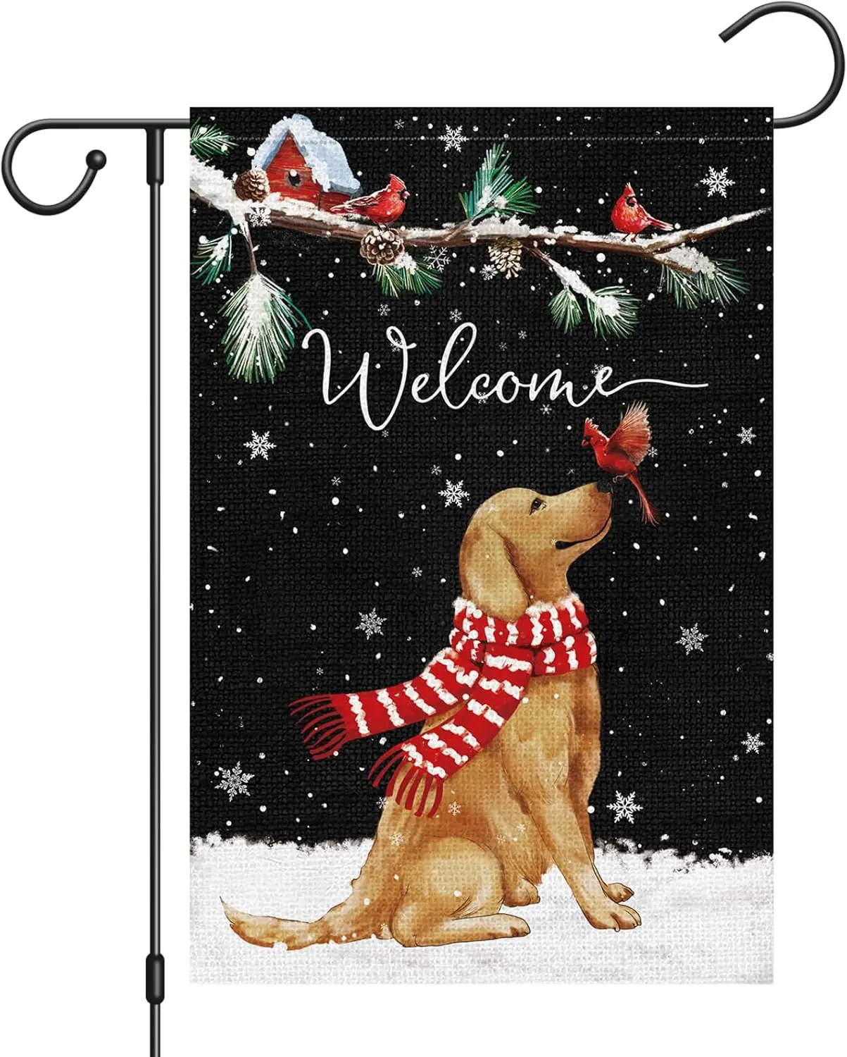 Welcome Winter Garden Flag 12 x 18 Inch Double Sided Burlap, Golden Retriever Dog Cardinal Yard Flags for Seasonal Christmas Win