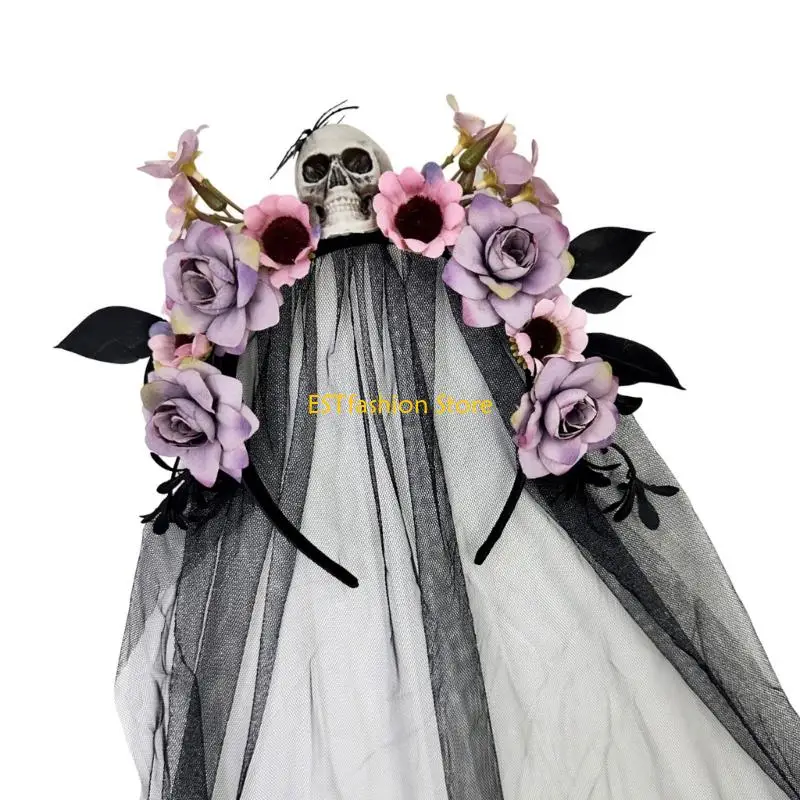 Y5GC Halloween Witch Hairband Cosplay Skull Flower Hair Styling Accessory For Adult