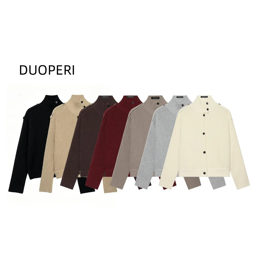 DUOPERI Women Multi-color Ribbed Knit Single Breasted Cardigan Mock Neck Long Sleeve Female Chic Lady Casual Basic Outwear