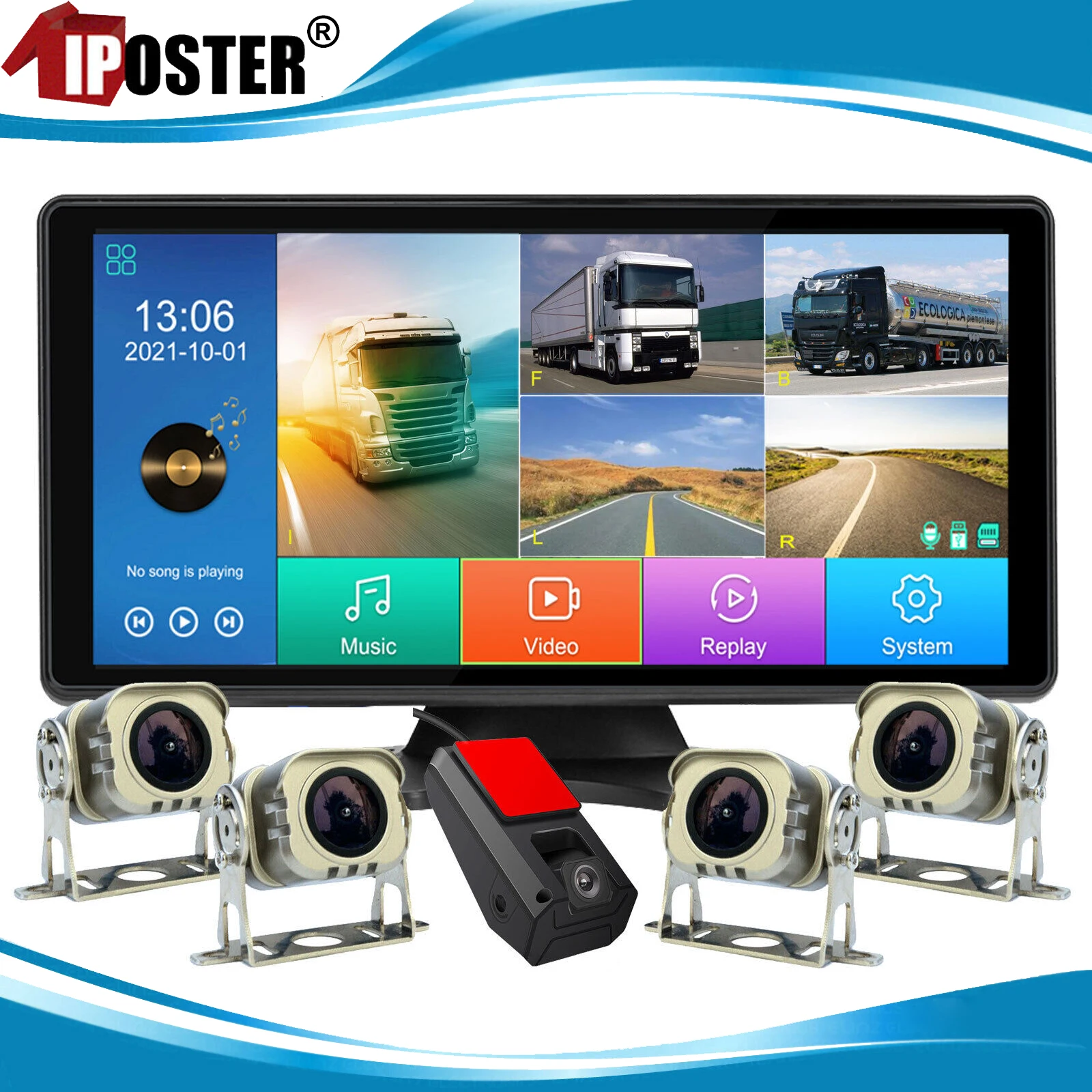 

iPoster 5CH 10.36" Quad DVR car monitor IPS rear view reversing camera for truck trailer