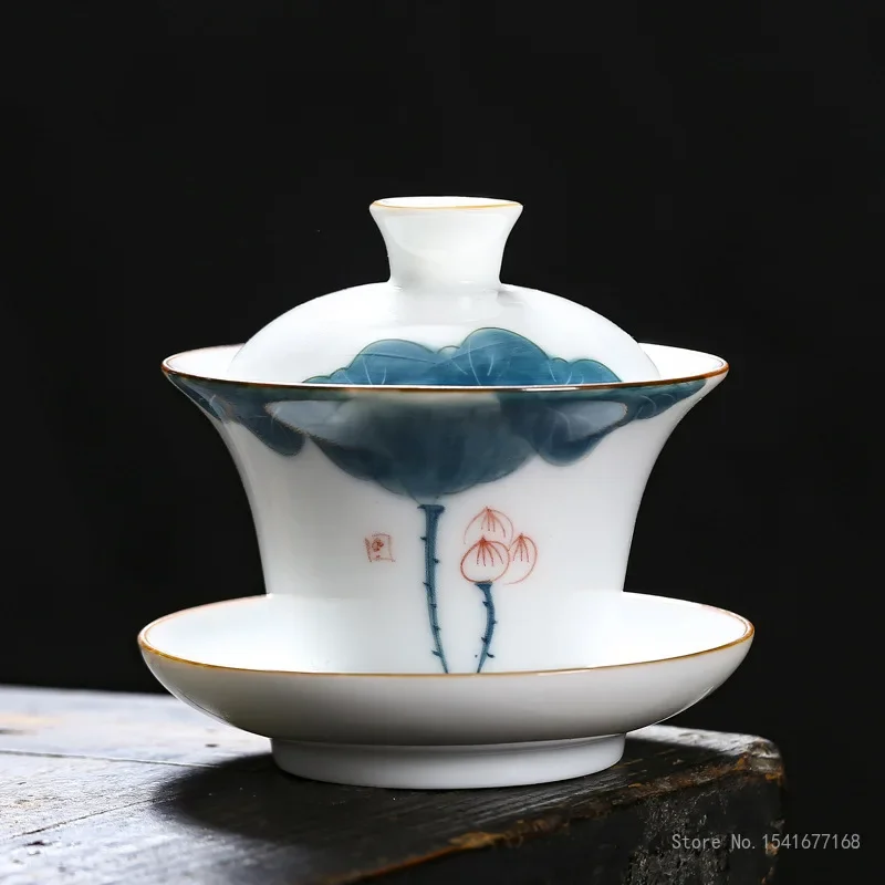 Creative Sheep Fat Hand-painted White Porcelain Three Cover Bowl, Hoverable Floating Tea Bowl, Single Ceramic Kung Fu Tea, 1Pc