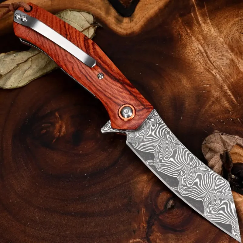 

Premium Damascus Steel Folding Knife, Rosewood Handle, EDC Pocket Tool For Outdoor Camping, Portable Gift