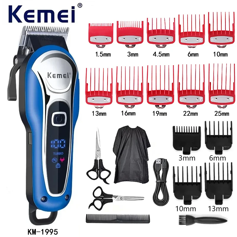 Máquina de Cortar Cabelo Kemei para Homens KM-1995, Ajuste de Precisão Profissional, Cortador de Cabelo Sem Fio, Máquina de Corte Recarregável